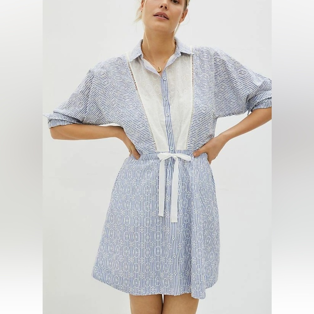 Anthropologie Blue and White Striped Tie-Waist Shirt Dress